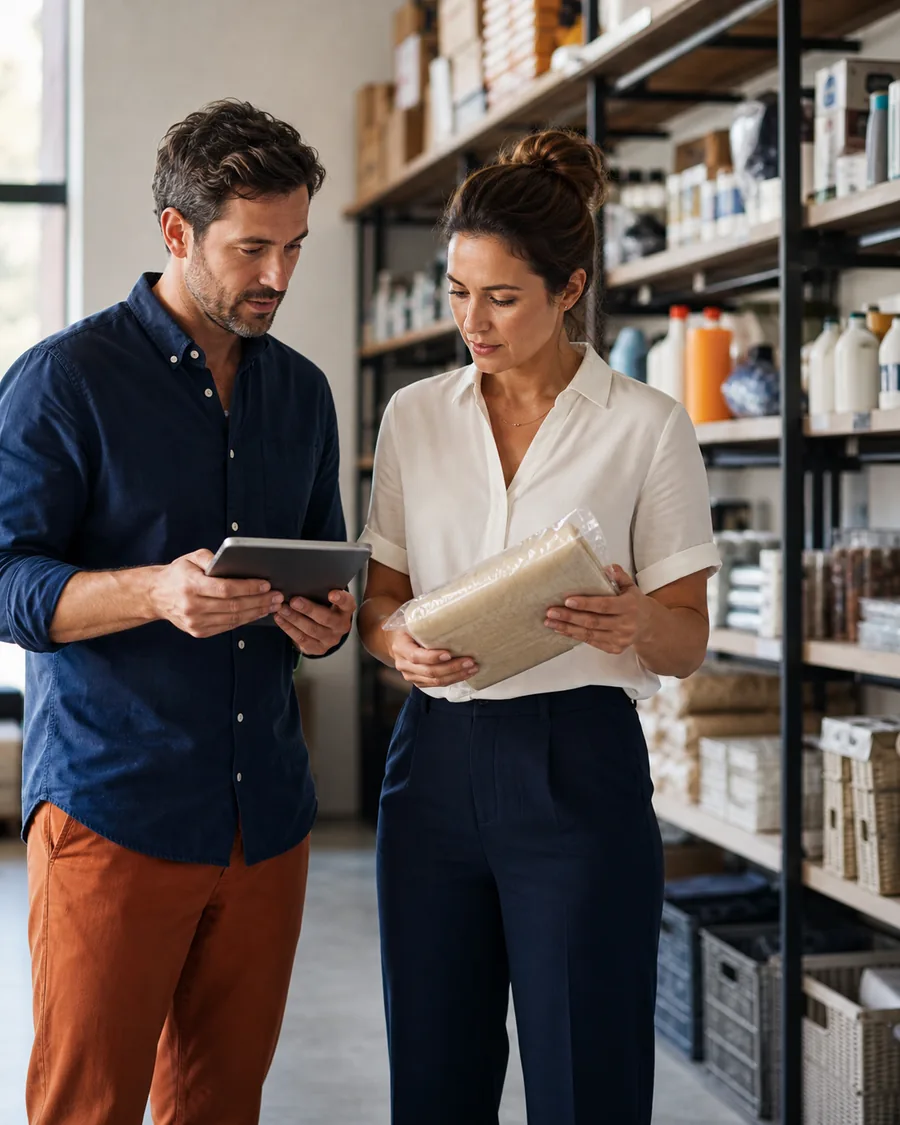 Business buyers reviewing an unbranded product together